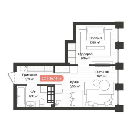 Вариант №14673, 2-комнатная квартира в жилом комплексе Сподвижники