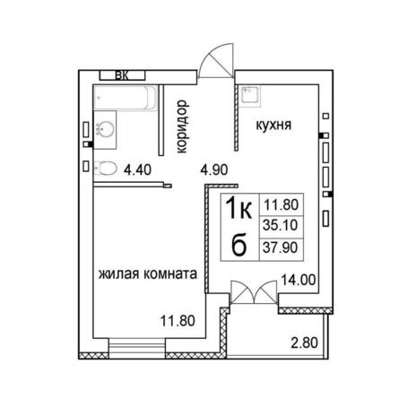 Вариант №12868, 1-комнатная квартира в жилом комплексе 