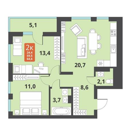 Вариант №12692, 2-комнатная квартира в жилом комплексе 
