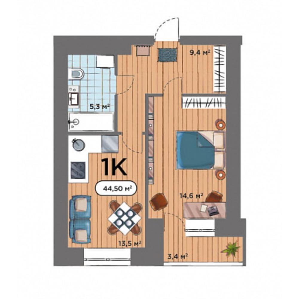 Планировка 1-комнатная площадью 44.5 м<sup>2</sup> в ЖК Smart Park