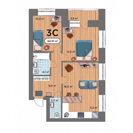 Вариант №7587, 3-комнатная квартира в жилом комплексе Заельцовский