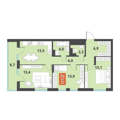 Вариант №12685, 3-комнатная квартира в жилом комплексе Tesla Park