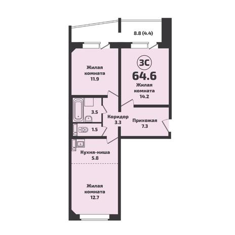 Вариант №7102, 3-комнатная квартира в жилом комплексе 