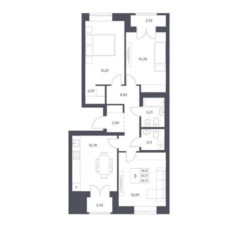 Вариант №14415, 3-комнатная квартира в жилом комплексе Новаторы