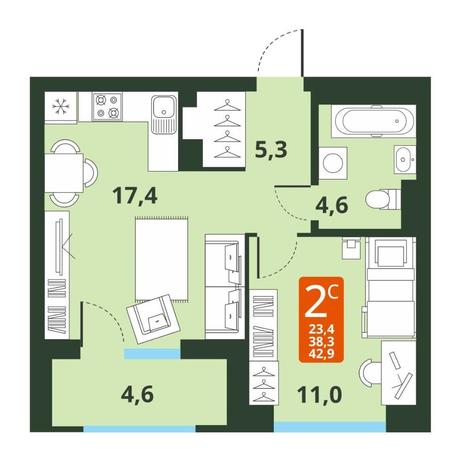 Вариант №13781, 2-комнатная квартира в жилом комплексе 