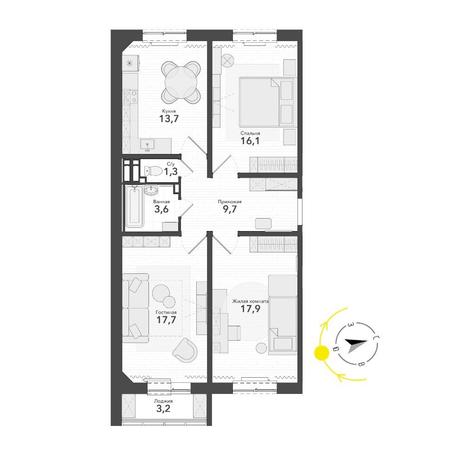Вариант №14777, 3-комнатная квартира в жилом комплексе Марсель-2