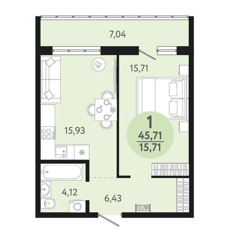 Вариант №15201, 1-комнатная квартира в жилом комплексе 