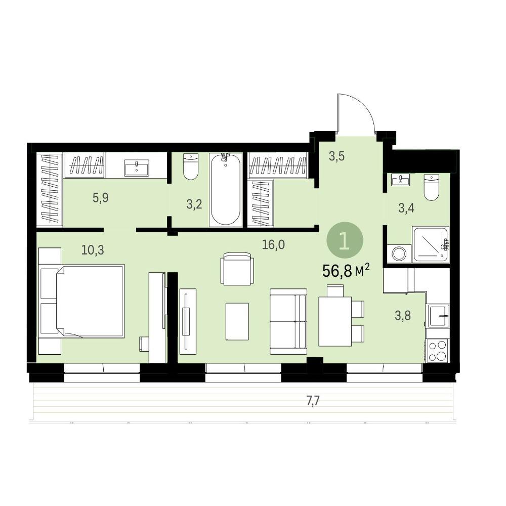 Планировка 1-комнатная площадью 56.79 м<sup>2</sup> в ЖК Европейский Берег