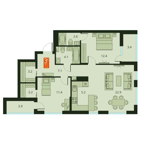 Вариант №7496, 3-комнатная квартира в жилом комплексе Приозерный