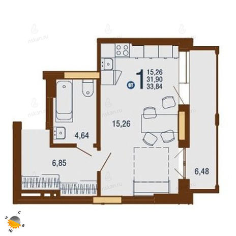 Вариант №1821, 1-комнатная квартира в жилом комплексе На Доватора