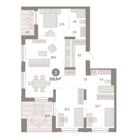 Вариант №14832, 3-комнатная квартира в жилом комплексе 