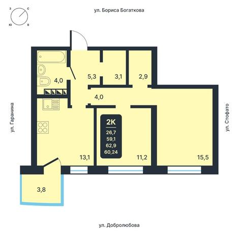 Вариант №7752, 2-комнатная квартира в жилом комплексе 