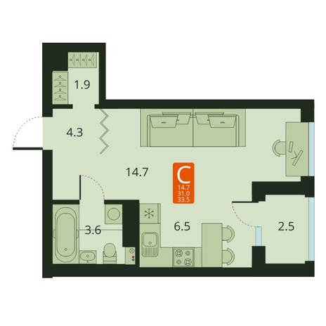 Вариант №7479, 1-комнатная квартира в жилом комплексе 