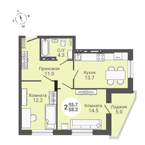 Вариант №10586, 2-комнатная квартира в жилом комплексе 