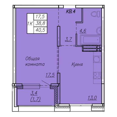 Вариант №7423, 1-комнатная квартира в жилом комплексе Галактика