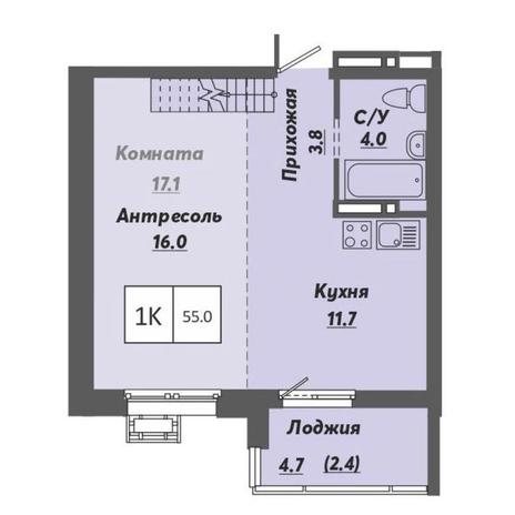 Вариант №9513, 1-комнатная квартира в жилом комплексе Нормандия-Неман