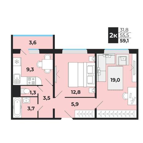Вариант №13760, 2-комнатная квартира в жилом комплексе 