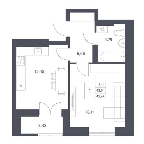 Вариант №14390, 1-комнатная квартира в жилом комплексе Promenade