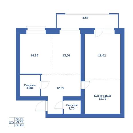 Вариант №15242, 2-комнатная квартира в жилом комплексе Шесть звезд