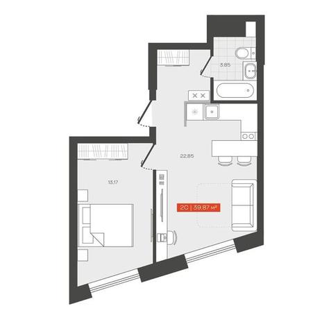 Вариант №13684, 2-комнатная квартира в жилом комплексе 
