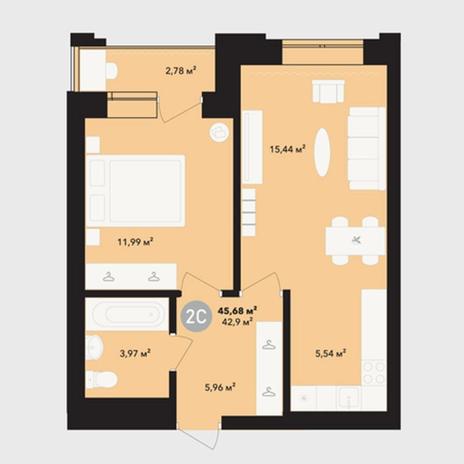 Вариант №5221, 2-комнатная квартира в жилом комплексе Акварельный 3.0