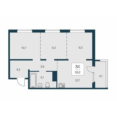 Вариант №14545, 3-комнатная квартира в жилом комплексе Расцветай на Авиастроителей
