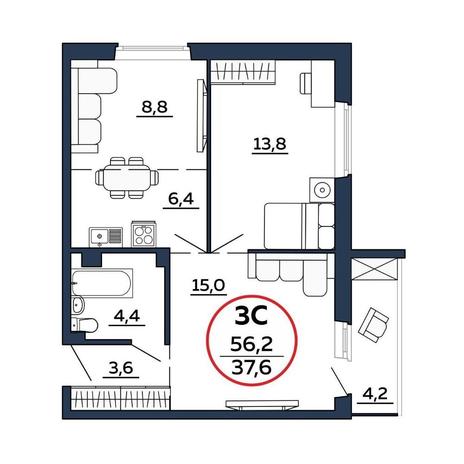 Вариант №8607, 3-комнатная квартира в жилом комплексе 