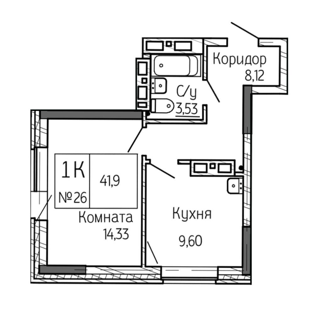 Планировка 1-комнатная площадью 41.9 м<sup>2</sup> в ЖК Сакура парк