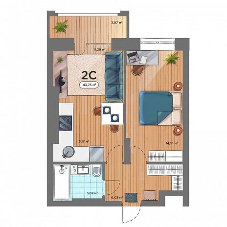 Вариант №5164, 2-комнатная квартира в жилом комплексе 