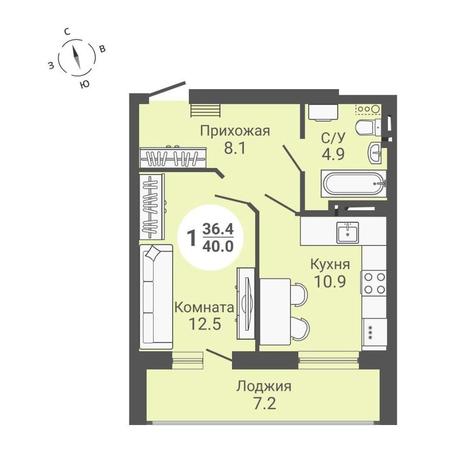 Вариант №10614, 1-комнатная квартира в жилом комплексе 