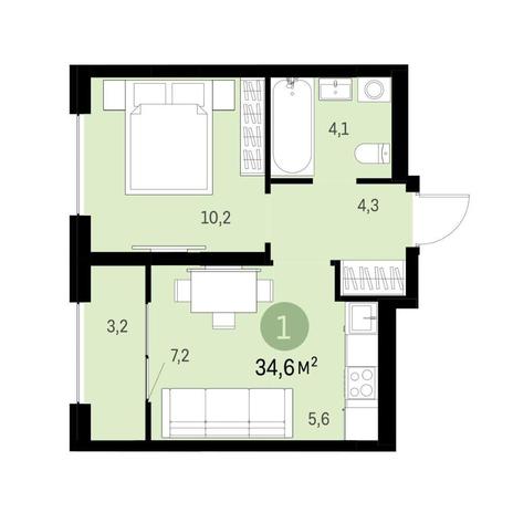 Вариант №9222, 1-комнатная квартира в жилом комплексе 