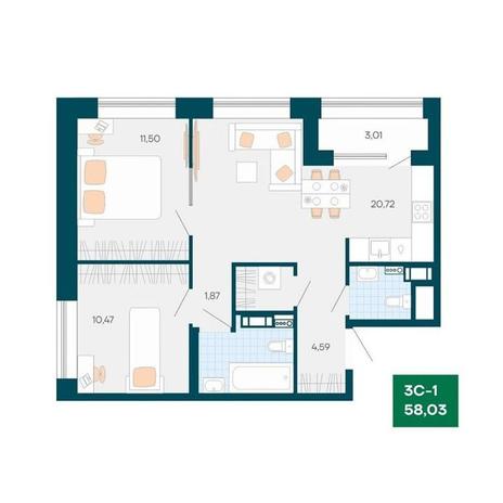 Вариант №13856, 3-комнатная квартира в жилом комплексе 