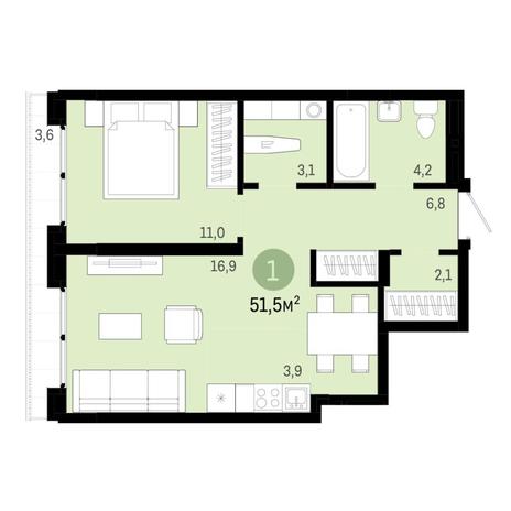 Вариант №6885, 2-комнатная квартира в жилом комплексе 