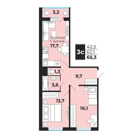 Вариант №13756, 3-комнатная квартира в жилом комплексе 