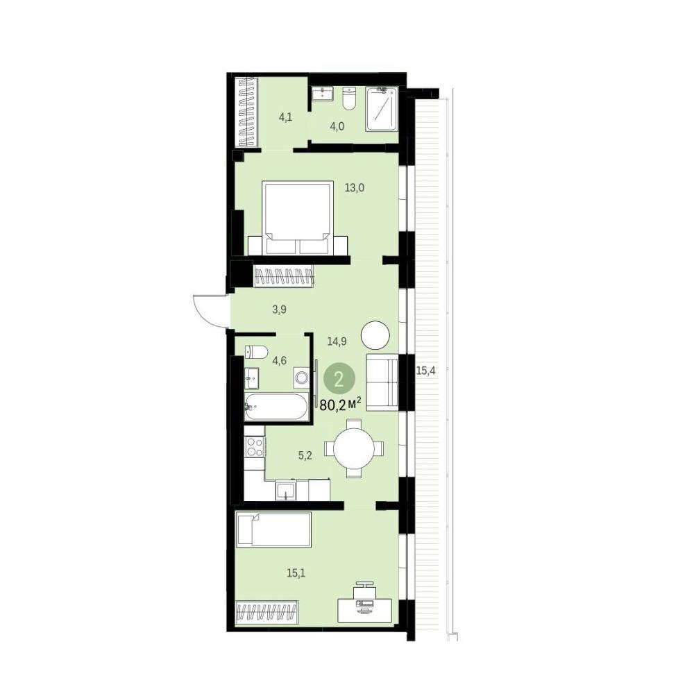 Планировка 2-комнатная площадью 80.17 м<sup>2</sup> в ЖК Европейский Берег