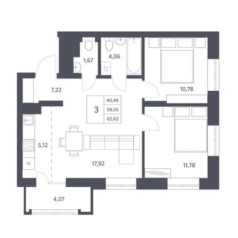 Вариант №11573, 3-комнатная квартира в жилом комплексе Беринг