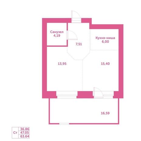 Вариант №15286, 1-комнатная квартира в жилом комплексе Первый на Рябиновой