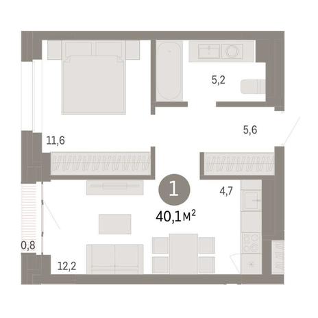 Вариант №9109, 1-комнатная квартира в жилом комплексе 