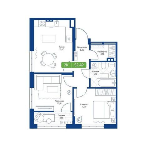 Вариант №13052, 2-комнатная квартира в жилом комплексе 