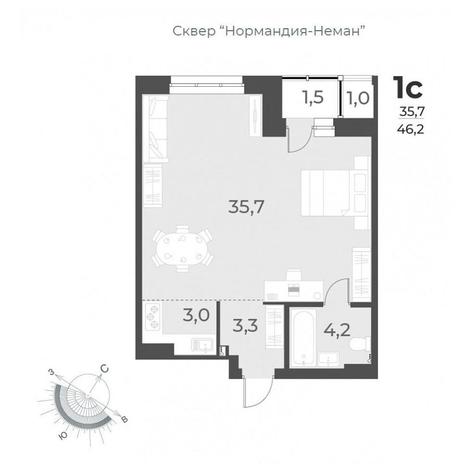 Вариант №9357, 1-комнатная квартира в жилом комплексе 