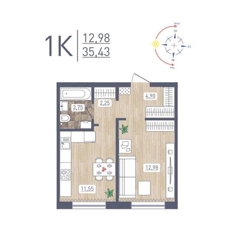 Вариант №12171, 1-комнатная квартира в жилом комплексе 