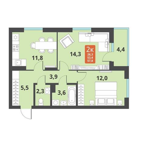 Вариант №12715, 2-комнатная квартира в жилом комплексе Приозерный