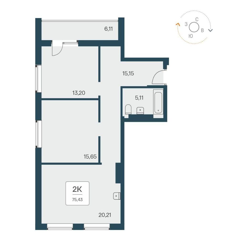 Планировка 2-комнатная площадью 75.43 м<sup>2</sup> в ЖК Time Park Apartments