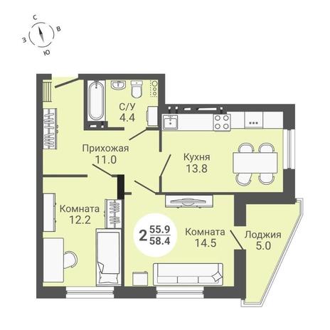 Вариант №10606, 2-комнатная квартира в жилом комплексе 