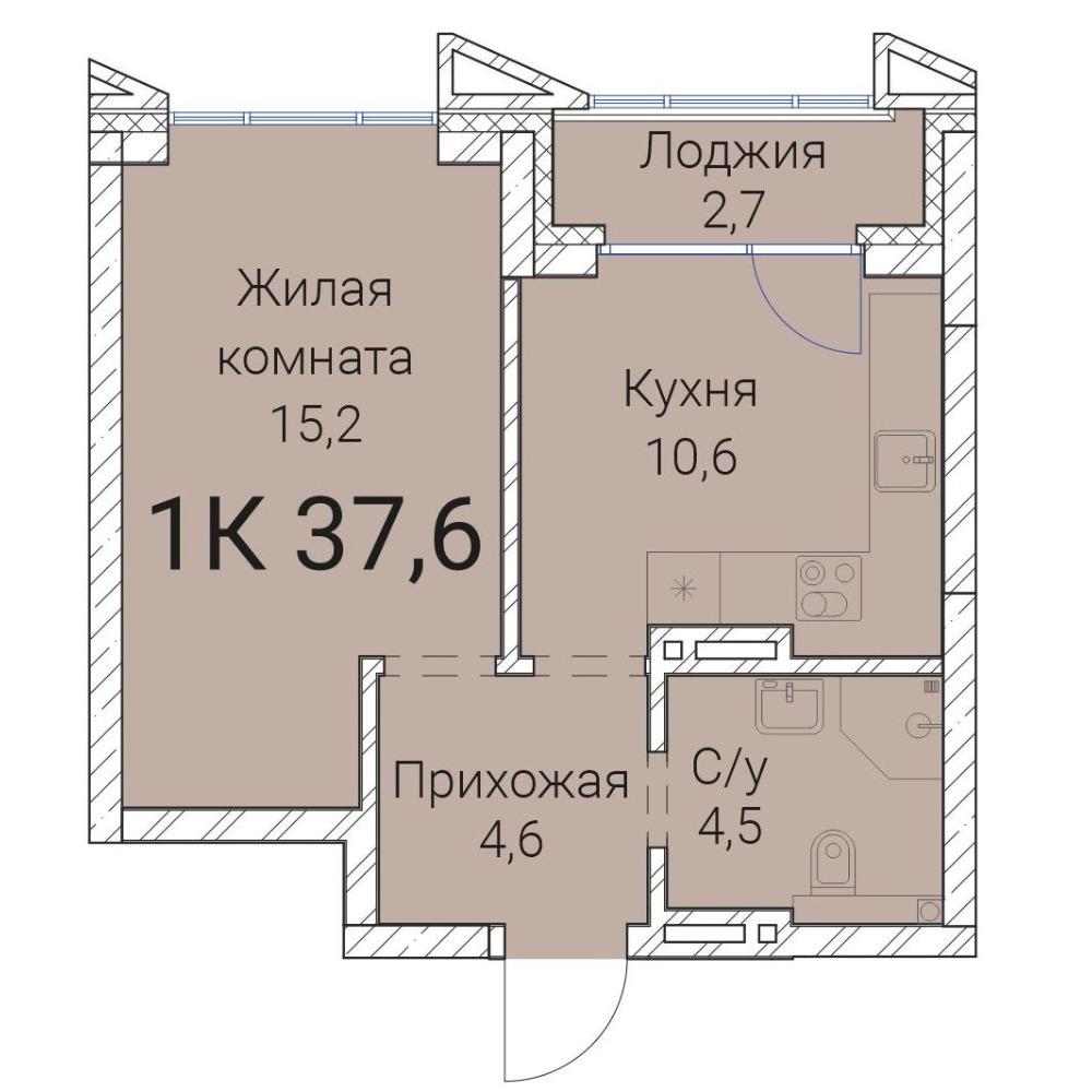 Планировка 1-комнатная площадью 37.6 м<sup>2</sup> в ЖК Тайм сквер