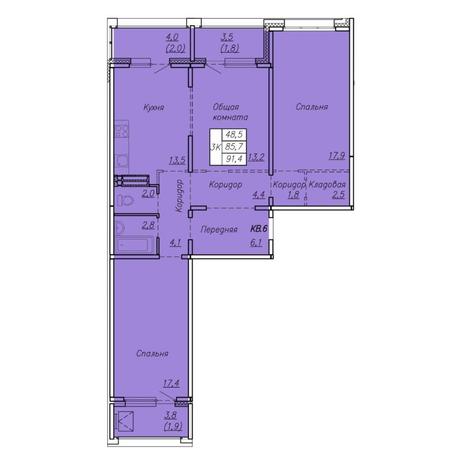 Вариант №7438, 3-комнатная квартира в жилом комплексе Акварельный 3.0