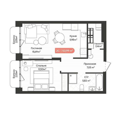 Вариант №14642, 2-комнатная квартира в жилом комплексе Баланс (Balance)
