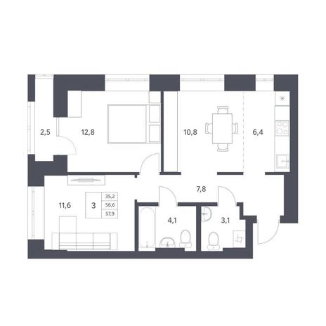 Вариант №11327, 3-комнатная квартира в жилом комплексе Новаторы