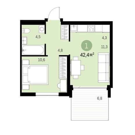 Вариант №9167, 1-комнатная квартира в жилом комплексе 