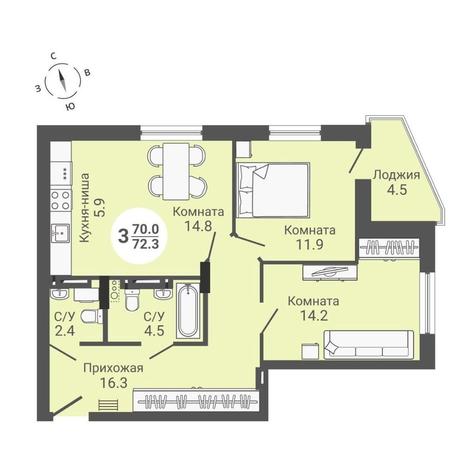 Вариант №10578, 3-комнатная квартира в жилом комплексе 